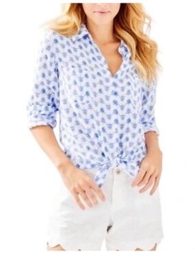 LILLY PULITZER Linen Turtle Print Button Up Blouse Sz XS